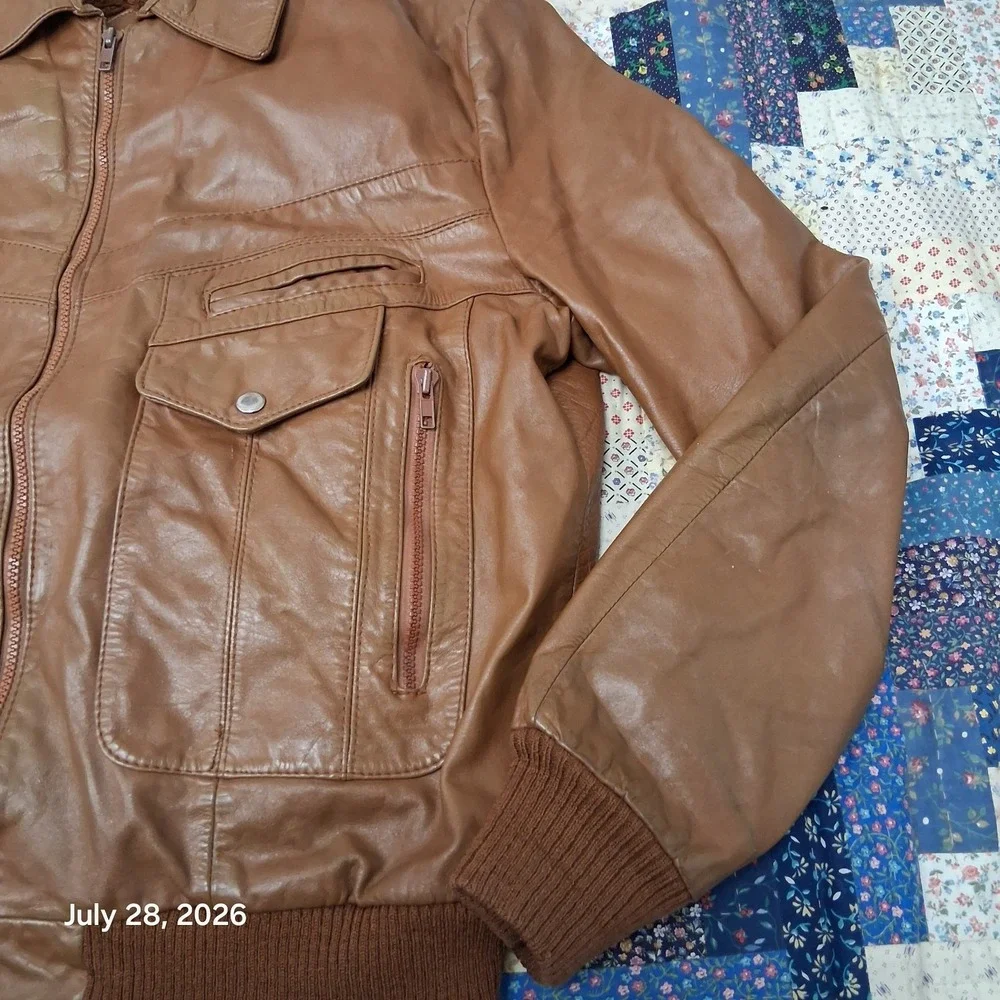 Vintage 80s Bermans Mens 48X Tan Leather Utility Bomber Removable Liner